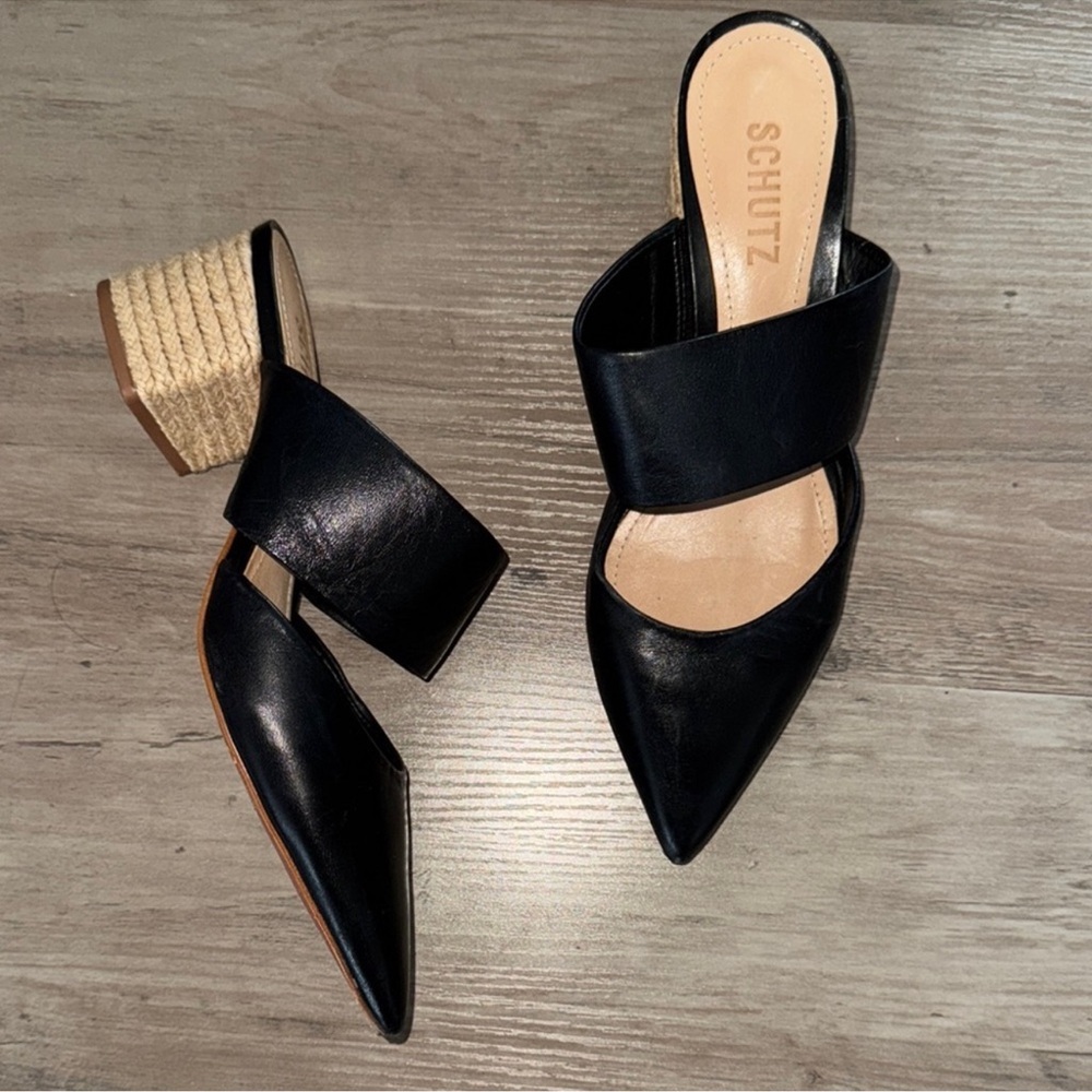 SCHUTZ Black Mules with Pointed Toe and Block Heel